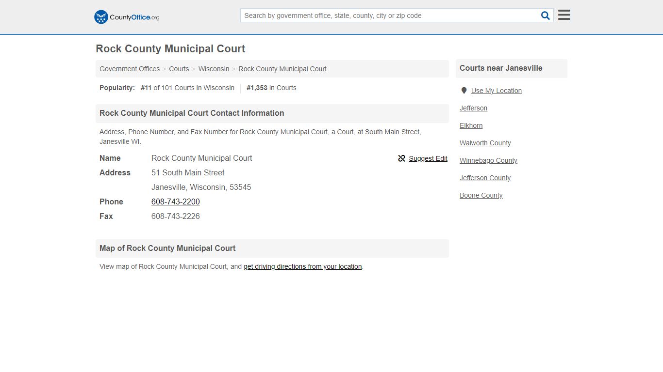 Rock County Municipal Court - Janesville, WI (Address, Phone, and Fax)